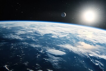 Obraz premium Earthrise over a planet with a crescent moon and the sun in the background.