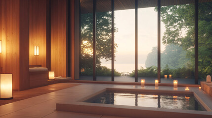 A high-end spa interior with a contemporary aesthetic. The design incorporates wooden accents, a modern soaking tub, and floor-to-ceiling windows overlooking lush greenery. The soft lighting and