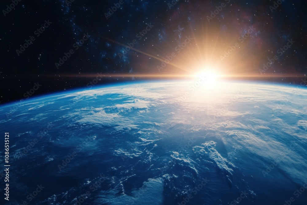 Canvas Prints earthrise with sun rays over a blue planet with clouds.