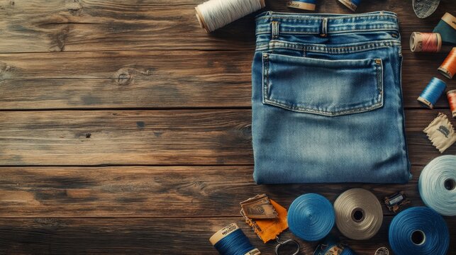 a neatly folded pair of blue jeans placed on a rustic wooden table surrounded by sewing supplies like spools of thread and denim patches, celebrating National Blue Jeans Day, - Powered by Adobe