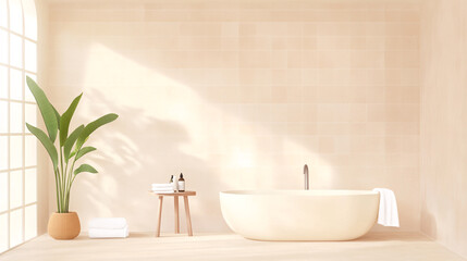 Fototapeta premium A spacious and elegant spa interior with a clean modern design, including a freestanding bathtub, a rain shower, and neutral-toned tiles. The setting features subtle lighting and decorative elements