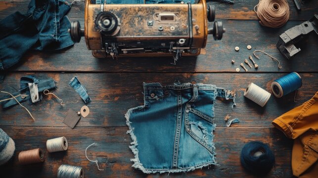 a vintage sewing machine surrounded by scraps of denim, spools of thread, and a half-stitched pair of jeans, celebrating National Blue Jeans Day,