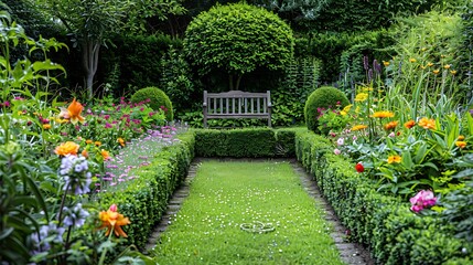 Obraz premium A tranquil garden with a small bench, surrounded by neatly trimmed bushes and colorful flowers.