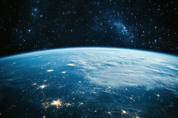 Obraz premium Earth's horizon with twinkling lights and a starry sky above.