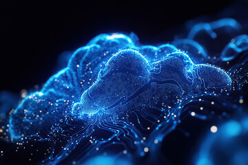 3D cloud with blue glowing lights and microchip design