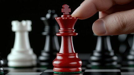 A hand moves a red king chess piece on a black and white board, highlighting strategy and focus in a critical game moment.