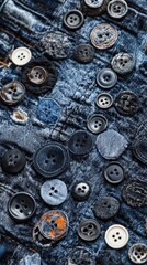 An empty scene featuring blank mockup template filled with rows of denim buttons and rivets displayed on a kitted fabric board, celebrating National Blue Jeans Day, 