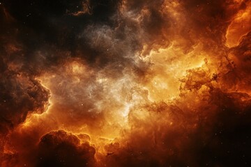 Fototapeta premium Fiery orange and yellow nebula with stars in deep space.