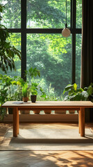 Fototapeta premium Stylish living room with empty wooden table and lush plants visible through large window