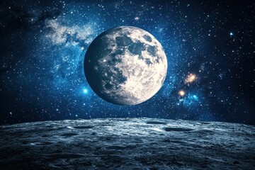 Full moon rising over a cratered lunar surface against a starry night sky.