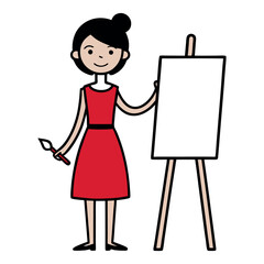 Young woman artist with canvas and paintbrush illustration