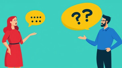 A woman and a man engage in a conversation, with speech bubbles illustrating confusion and discussion against a bright background, Customer complains.