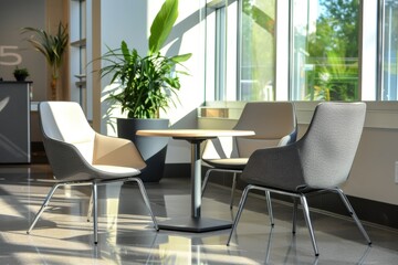 Fototapeta premium Modern seating area with chairs and a table, surrounded by plants and natural light.