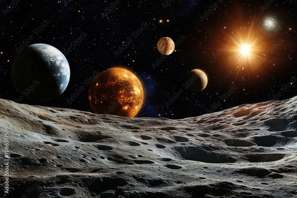 Canvas Prints planets and a sun over a cratered surface.