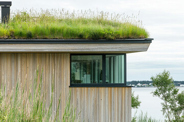 A coastal house in Norway, with grass growing on the roof for insulation