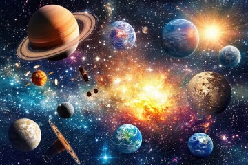 Planets in a colorful galaxy with a bright star in the center.