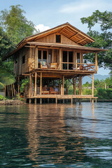 Fototapeta premium A bamboo house on a remote island in the Philippines, built on stilts above the water