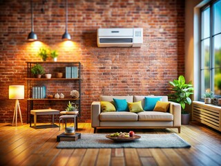 Tilt-Shift Photography of a Living Room with a Large Air Conditioner on a Brick Wall, Cozy Home Decor, Modern Interior Design, Air Conditioning, Comfort, and Style