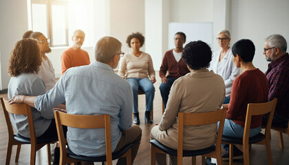 Diverse group of people sitting in a circle during a support or therapy session in a bright room, fostering connection and healing.