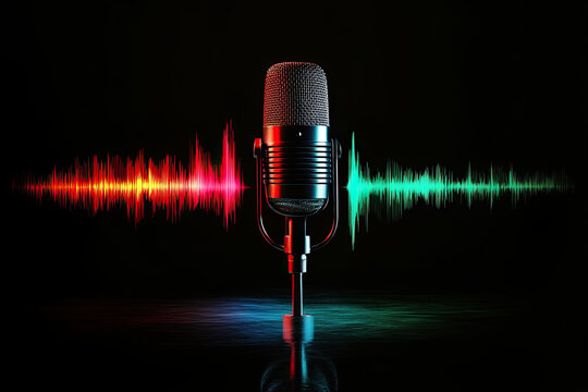 Podcast banner with microphone, sound wave and progress bar