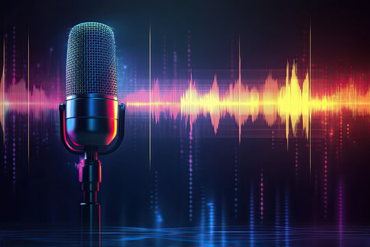 Podcast banner with microphone, sound wave and progress bar - Powered by Adobe