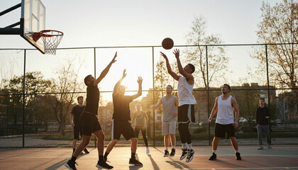 A group of young adults playing an intense game of basketball on an outdoor court during sunset, showcasing teamwork, energy, and passion for the game.