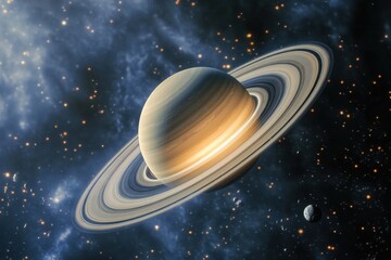 Saturn, the ringed planet, against a starry background.