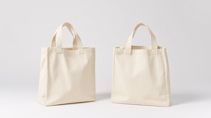 Photorealistic studio mockup of a plain beige canvas tote bag shown from front, side and back angles. Soft dramatic lighting. Placed on a clean and minimalist background.