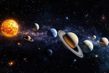 Solar System Planets in Space with Milky Way.