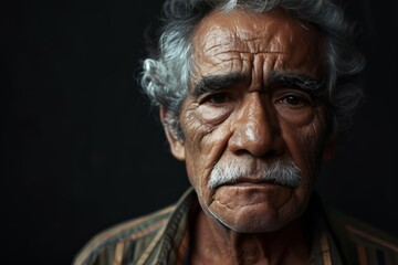 Portrait of Extremely Sulking Latin American Senior man with grey hair and mustaches over isolated black background, skeptic and nervous, frowning upset because of problem. negative emotions