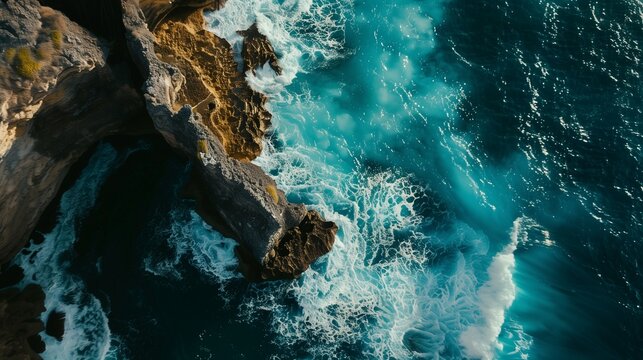 Dramatic coastal cliffs rising above a turquoise ocean, with waves crashing against the rocky shore