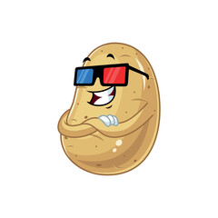 Happy Potato Cartoon Character Wearing 3D Glasses.