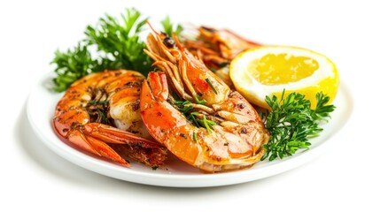 A white plate with three grilled prawns, a lemon wedge and fresh parsley.