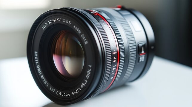 A close-up of a black camera lens with a red stripe on a white surface.