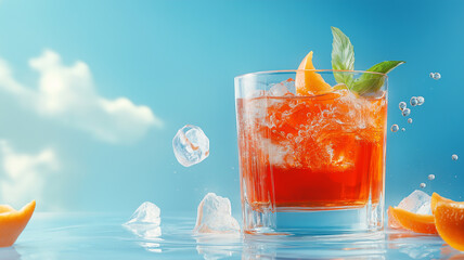 Refreshing cocktail with ice and orange slices, perfect for summer vibes