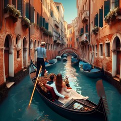 A couple enjoying a gondola ride through the romantic canals of Venice, Italy.