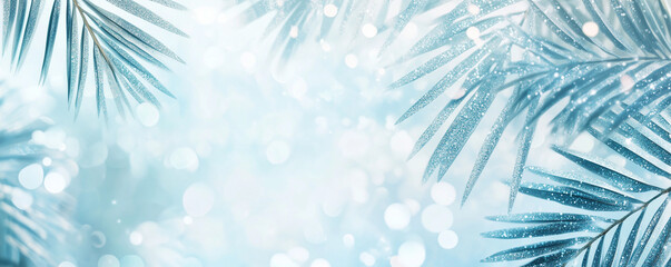 A light blue and white background with palm leaves, a sparkling water effect, blurred edges, shimmering reflections, and soft tones.