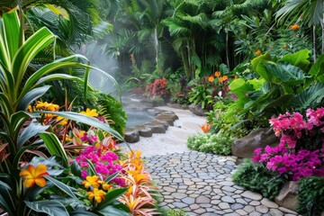 Fototapeta premium A lush tropical garden pathway with vibrant flowers and a serene water feature.