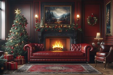 Fototapeta premium elegant modern living room in Christmas theme with fireplace