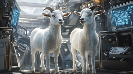 Fototapeta premium Two Goats in a Futuristic Corridor
