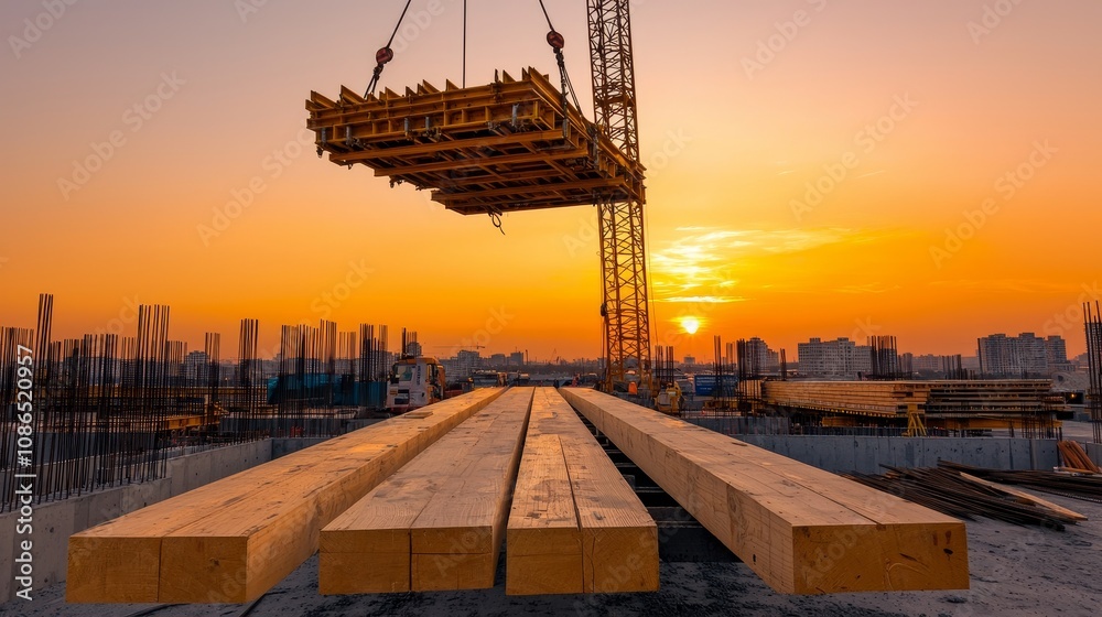 Poster A construction site at sunset features a crane lifting lumber, highlighting the industrial landscape and the beauty of dusk.