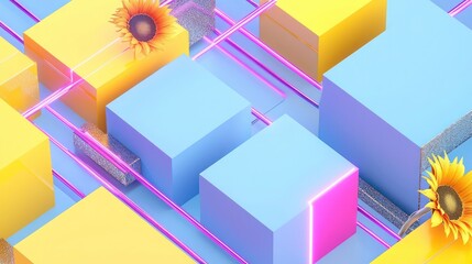 Steel blue and sunflower yellow blocks with neon purple lines, coral pink and platinum accents, dynamic and modern layout