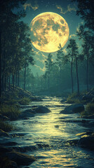 Fototapeta premium beautiful night scene with a full moon iThe sky is filled with stars and the moon is shining brightly, creating a warm glow. The scene is set in a forest with tall trees on either side of the river. 