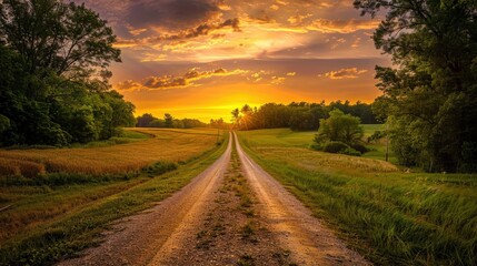 Obraz premium Serene Country Road Under Golden Sunset Sky