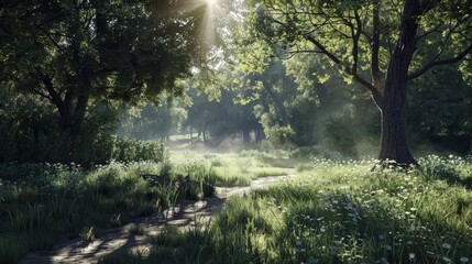 Obraz premium Serene Forest Scene with Sunlight and Greenery
