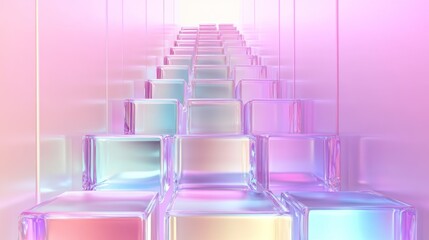 Fototapeta premium Abstract 3D rendering of a staircase of iridescent cubes in a pastel pink and blue color scheme.
