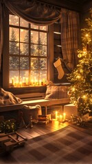 Fototapeta premium Charming Rustic Christmas Nursery with Handmade Wooden Accents and Glowing Candles