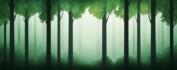 A tranquil forest scene with tall, silhouetted trees bathed in soft, green mist. Nature's beauty creates a serene and calming atmosphere for relaxation.