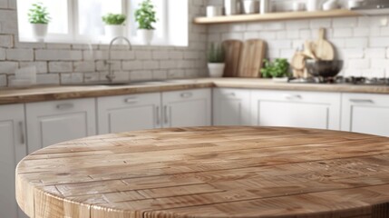 Empty round wooden tabletop counter in a clean, bright kitchen interior, perfect for product display or banner montage.

