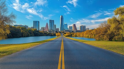 The winding road stretches ahead, flanked by serene greenery and a picturesque city backdrop under a clear blue sky